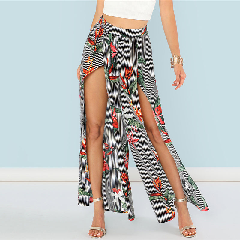 Floral Print Striped Wide Leg Pants Floral Print Striped Wide Leg Pants