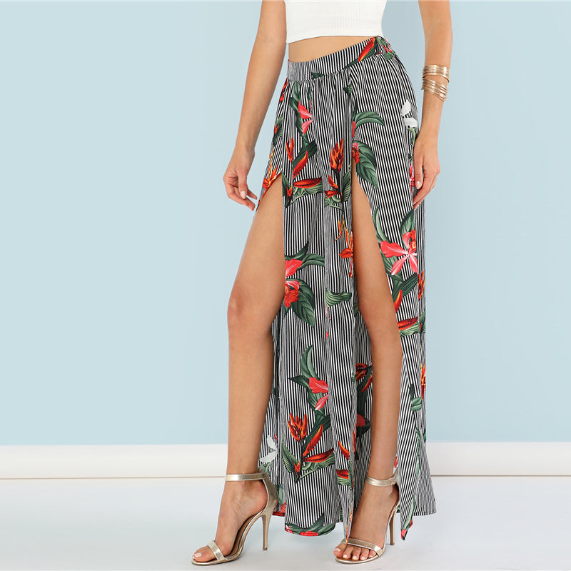 Floral Print Striped Wide Leg Pants Floral Print Striped Wide Leg Pants