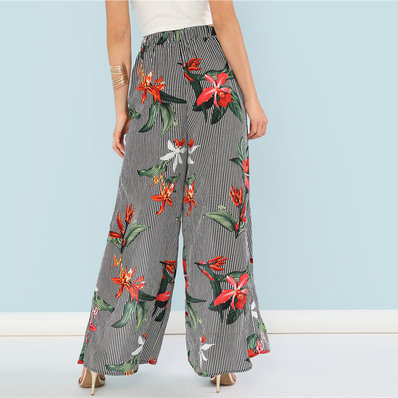 Floral Print Striped Wide Leg Pants Floral Print Striped Wide Leg Pants