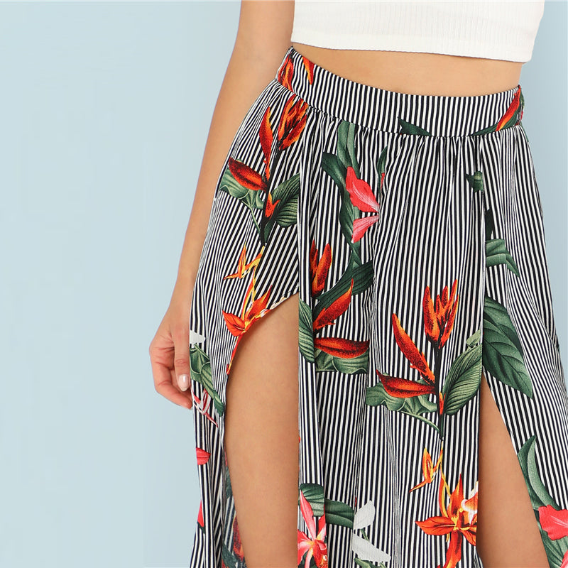 Floral Print Striped Wide Leg Pants Floral Print Striped Wide Leg Pants