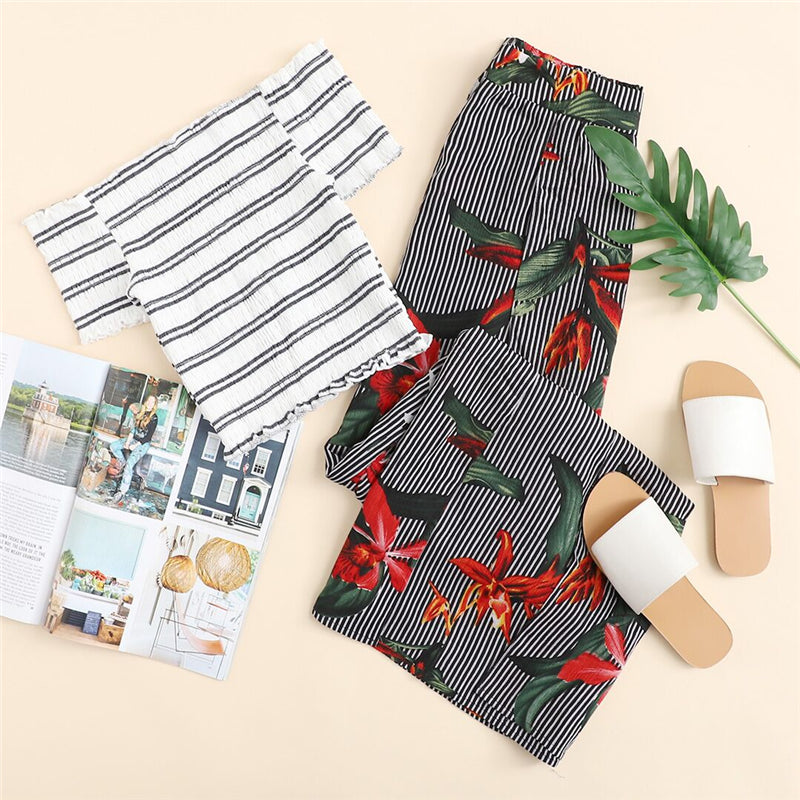 Floral Print Striped Wide Leg Pants Floral Print Striped Wide Leg Pants