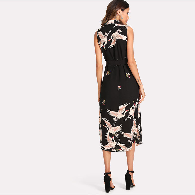Floral Crane Print Dress Floral Crane Print Dress