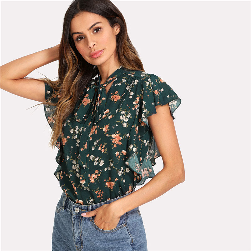 Ruffle Trim Floral Top