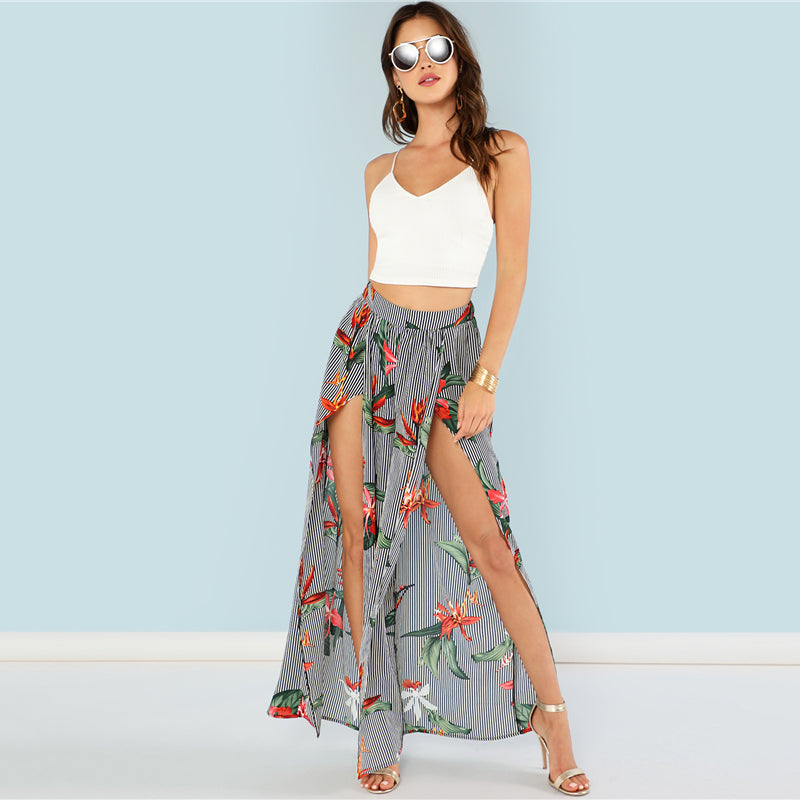 Floral Print Striped Wide Leg Pants